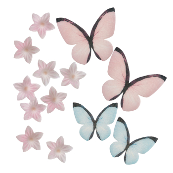 Wafer Paper Mini Flowers and Butterflies - Pink and Blue