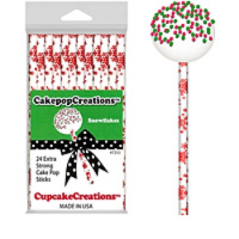 CakePop Sticks - Red Snowflakes on White