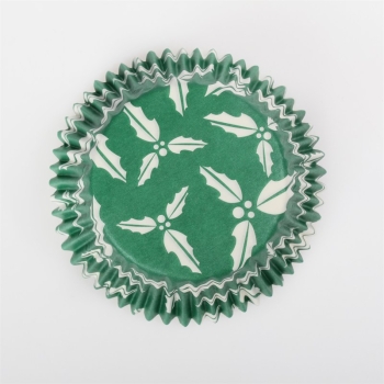 Green Holly Printed Baking Cases