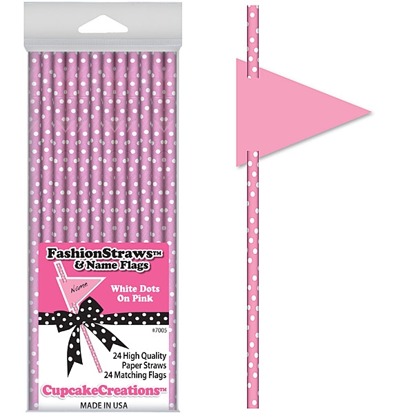 24 Fashion Straws & Name Flags / White Dots On Pink