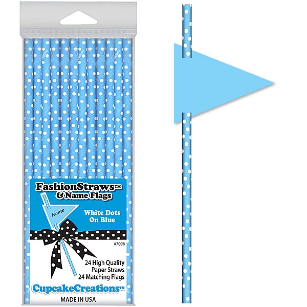 24 Fashion Straws & Name Flags / White Dots On Blue