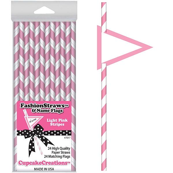 24 Fashion Straws & Name Flags / Light Pink-White Stripes