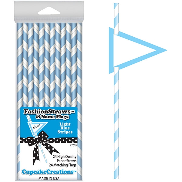 24 Fashion Straws & Name Flags / Light Blue-White Stripes