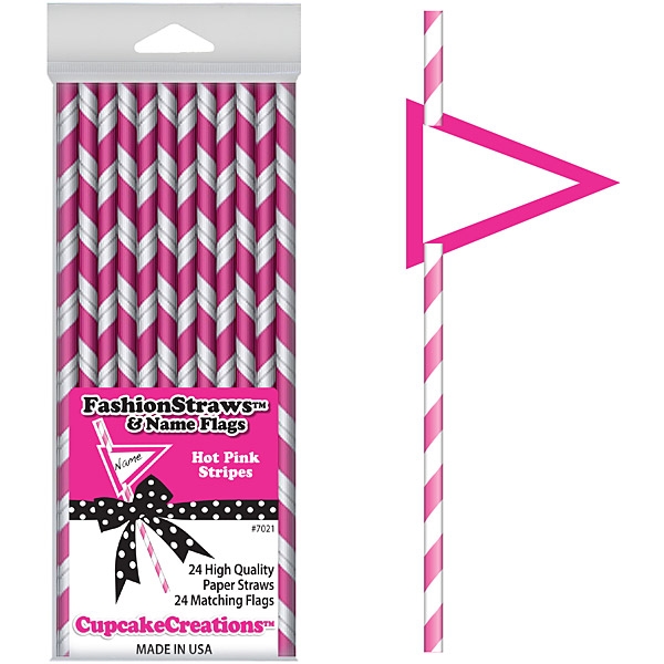 24 Fashion Straws & Name Flags / Hot Pink-White Stripes